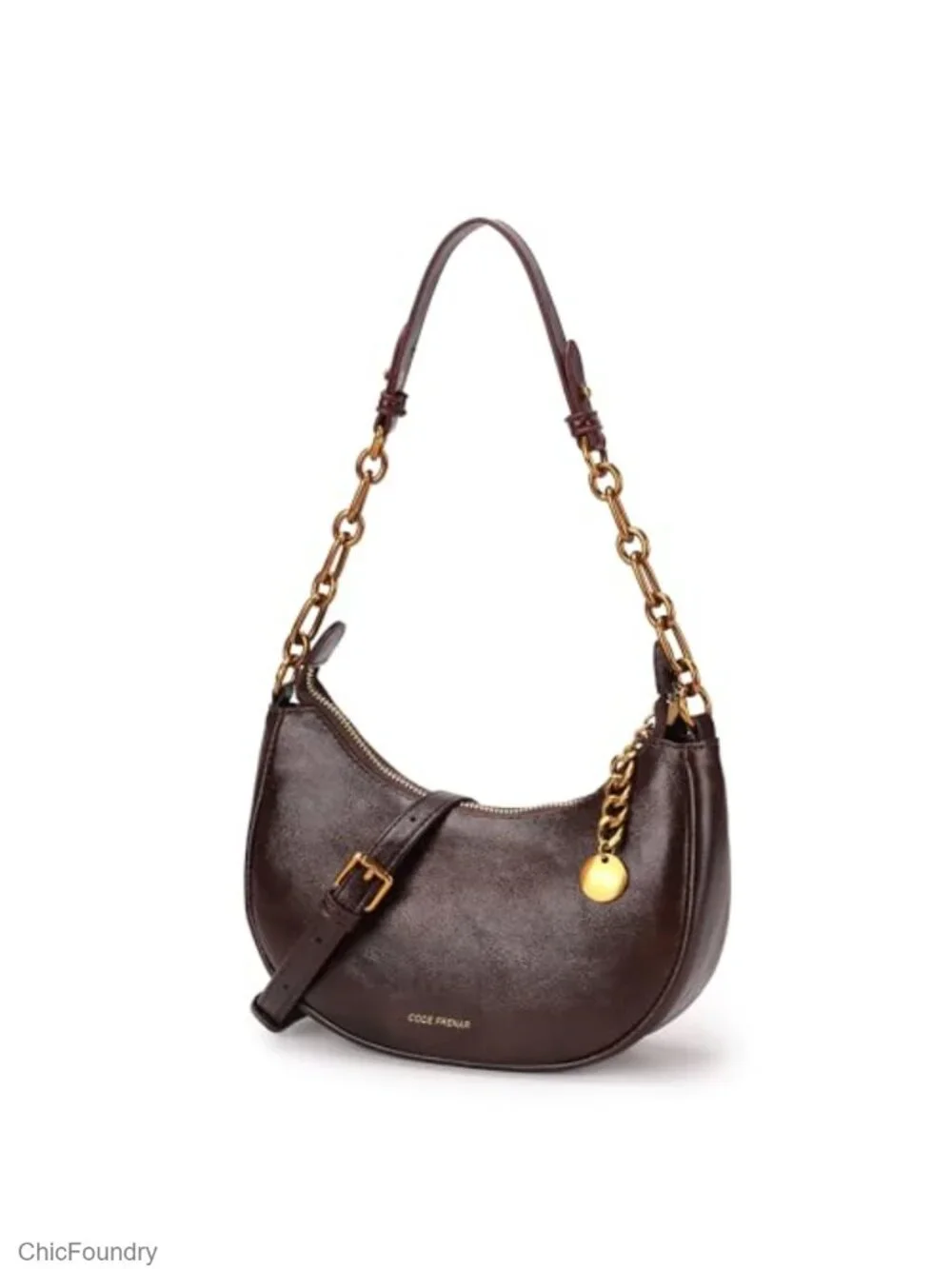 Crescent-Shaped Shoulder Bag PU Leather Crossbody with Gold Chain
